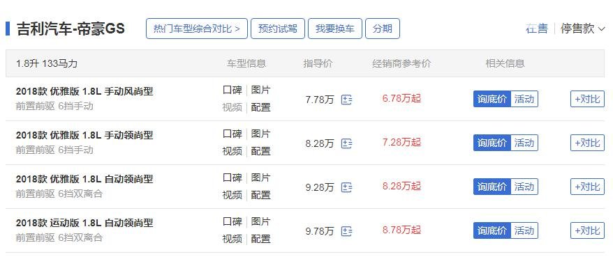 吉利帝豪gs最低多少钱 18款手动版最高优惠10000售价仅6.78万