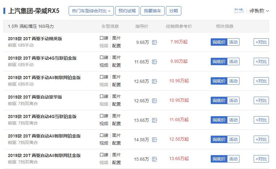 荣威rx5官方报价 荣威rx5经销商优惠2W最低售价仅7.98万