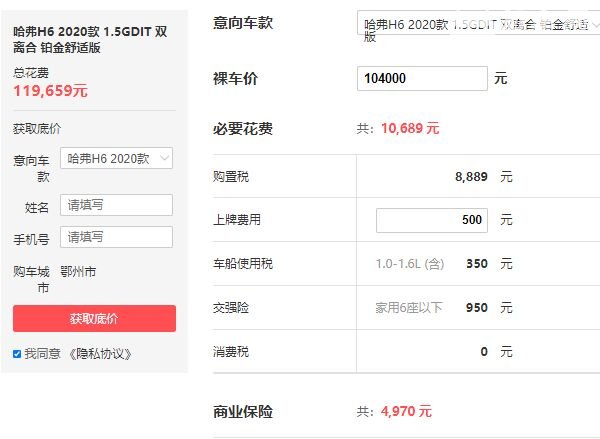哈弗h6最低多少钱 哈弗h6只需要11万9就能开走