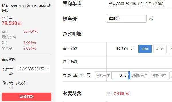 长安cs35首付多少 长安cs35首付月供明细表