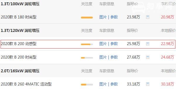 奔驰b200最新价格 奔驰b200起售价25.98万（优惠后落地：25.97万）