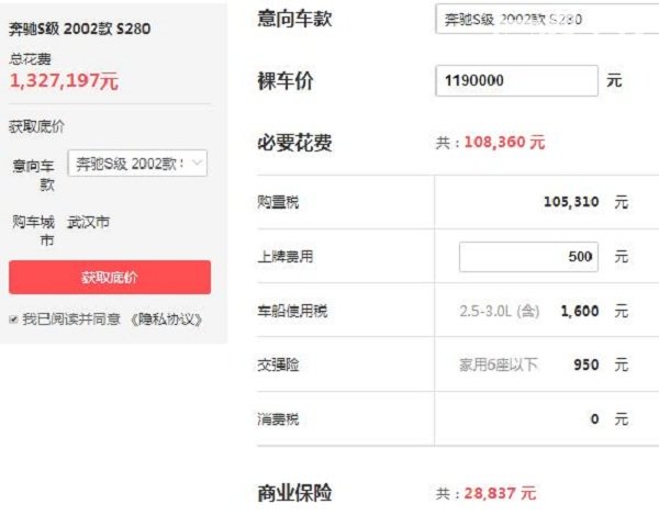 奔驰s280老款值多少钱 奔驰s280的所有花销为132.72万